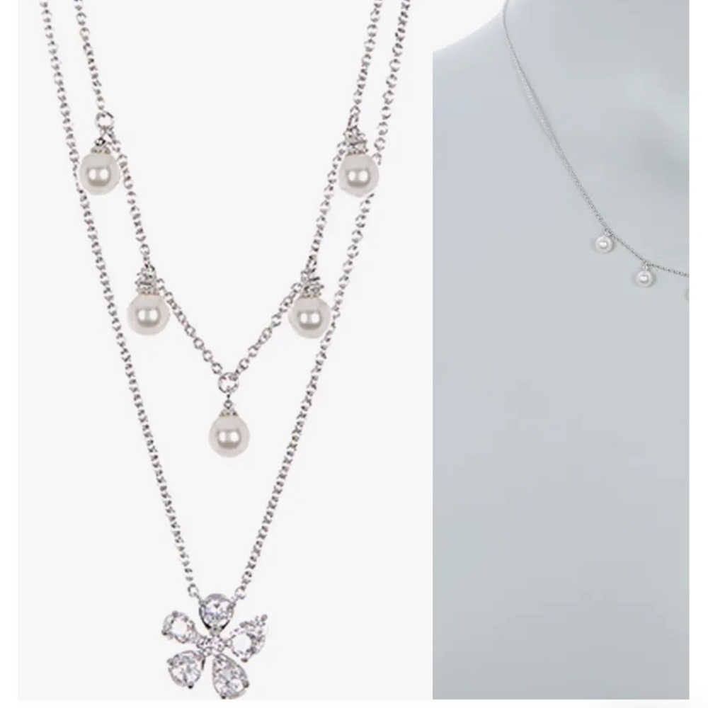 Nadri Bella Simulated Pearl Charm & CZ Flower Pendant Necklace 2 piece S…